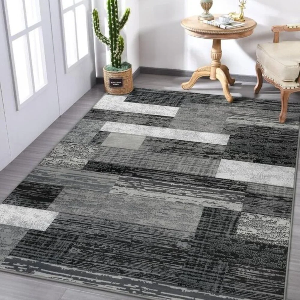 New 5x8 Grey Geometric Area Rug, Modern Patchwork Carpet for Home & Room Decor